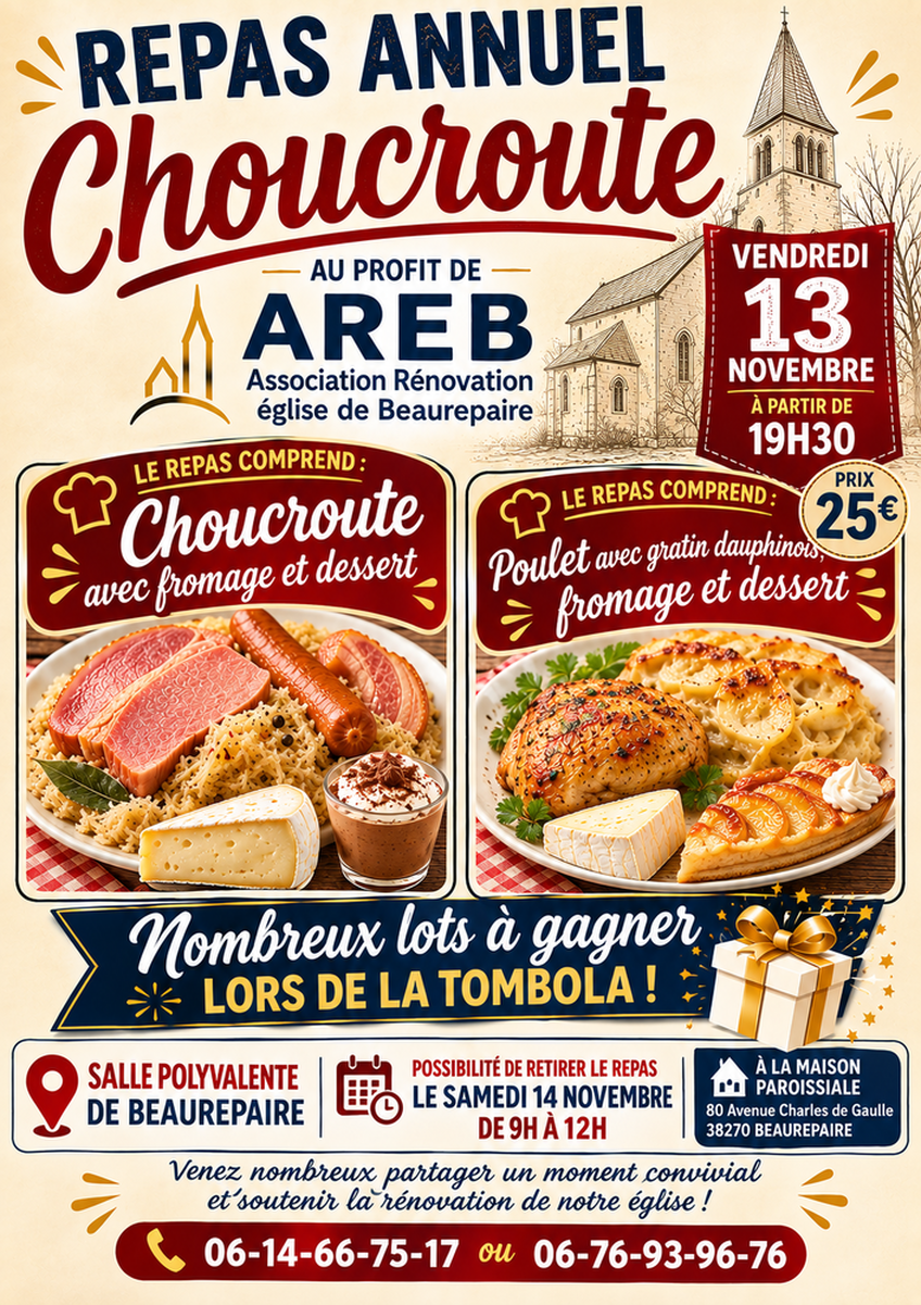 REPAS ANNUEL ASSOCIATION DE RENOVATION DE L'EGLISE DE BEAUREPAIRE REPAS ANNUEL ASSOCIATION DE RENOVATION DE L'EGLISE DE BEAUREPAIRE