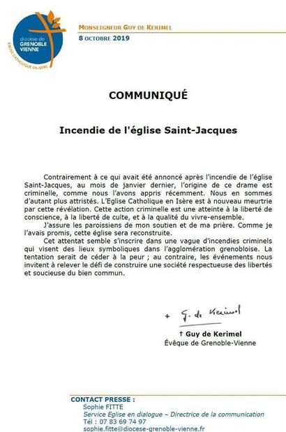 09.10.19 : Communiqué de Mgr Guy de Kerimel - L'incendie était criminel 09.10.19 : Communiqué de Mgr Guy de Kerimel - L'incendie était criminel