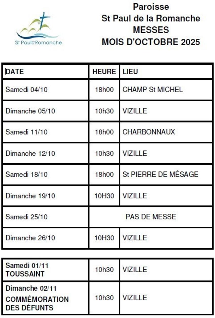 Messes Dominicales d'Octobre 2025 Messes Dominicales d'Octobre 2025