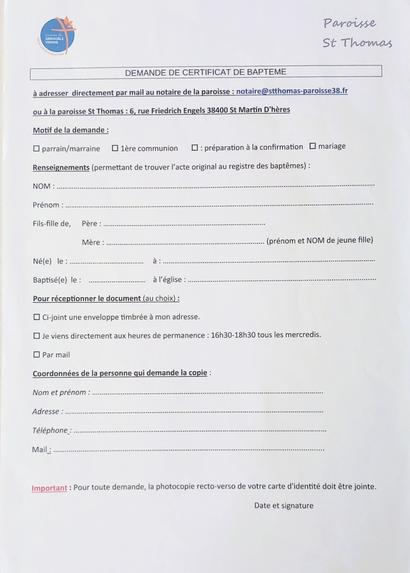 Demande de certificat de baptême. Demande de certificat de baptême.
